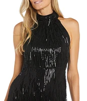 R & M Richards Sleeveless Halter Neck Embroidered Sequin Fringe Dress