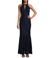 R & M Richards Sleeveless Halter Neck Glitter Lace Long Fit and Flare Dress