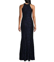 R & M Richards Sleeveless Halter Neck Glitter Lace Long Fit and Flare Dress