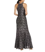 R & M Richards Sleeveless Halter Neck Glitter Lace Long Fit and Flare Dress