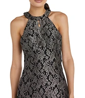 R & M Richards Sleeveless Halter Neck Glitter Lace Long Fit and Flare Dress