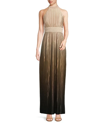 R & M Richards Sleeveless Halter Neck Pleated Ombre Dress