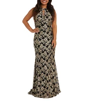 R & M Richards Sleeveless Keyhole Halter Neck Glitter Lace Long Dress