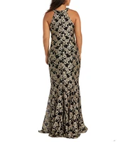 R & M Richards Sleeveless Keyhole Halter Neck Glitter Lace Long Dress