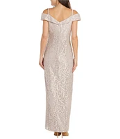 R & M Richards Sleeveless Off-The-Shoulder Rhinestone Detail Sweetheart Neck Front Slit Lace Glitter Gown