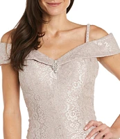 R & M Richards Sleeveless Off-The-Shoulder Rhinestone Detail Sweetheart Neck Front Slit Lace Glitter Gown