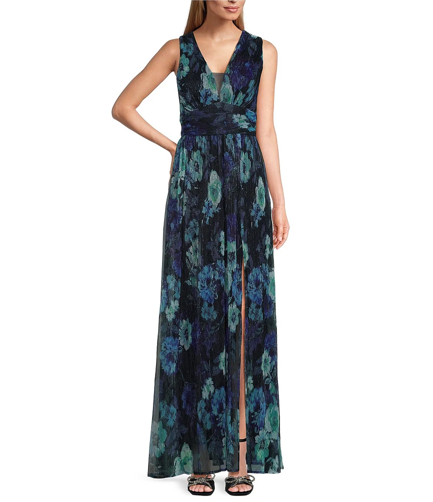 R & M Richards Sleeveless V-Neck Floral Pleated Dress