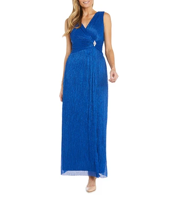 R & M Richards Sleeveless V-Neck Front Slit Pleated Metallic Dress