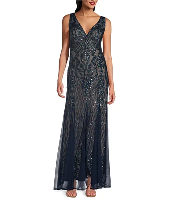 R & M Richards Sleeveless V-Neck Godet Skirt Embellished Long Sequin Gown