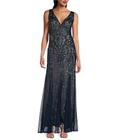 R & M Richards Sleeveless V-Neck Godet Skirt Embellished Long Sequin Gown