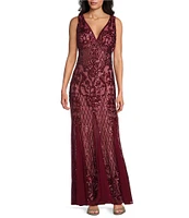 R & M Richards Sleeveless V-Neck Godet Skirt Embellished Long Sequin Gown