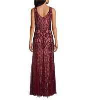 R & M Richards Sleeveless V-Neck Godet Skirt Embellished Long Sequin Gown