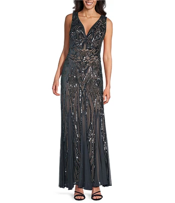 R & M Richards Sleeveless V-Neck Godet Skirt Embellished Long Sequin Dress