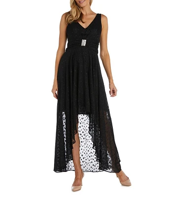 R & M Richards Sleeveless V-Neck Rhinestone Waist Chiffon High-Low Dress