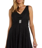 R & M Richards Sleeveless V-Neck Rhinestone Waist Chiffon High-Low Dress