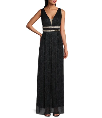 R & M Richards Sleeveless V-Neck Rhinestone Waist Dress