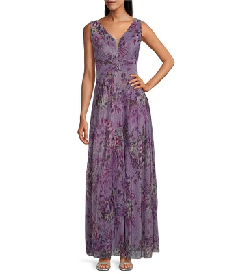 R & M Richards Sleeveless V-Neck Ruched Waist Floral Print Gown