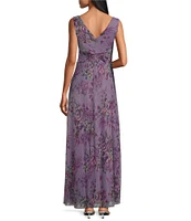 R & M Richards Sleeveless V-Neck Ruched Waist Floral Print Gown
