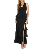 R & M Richards Sleeveless V-Neck Tired Skirt Front Slit Dress