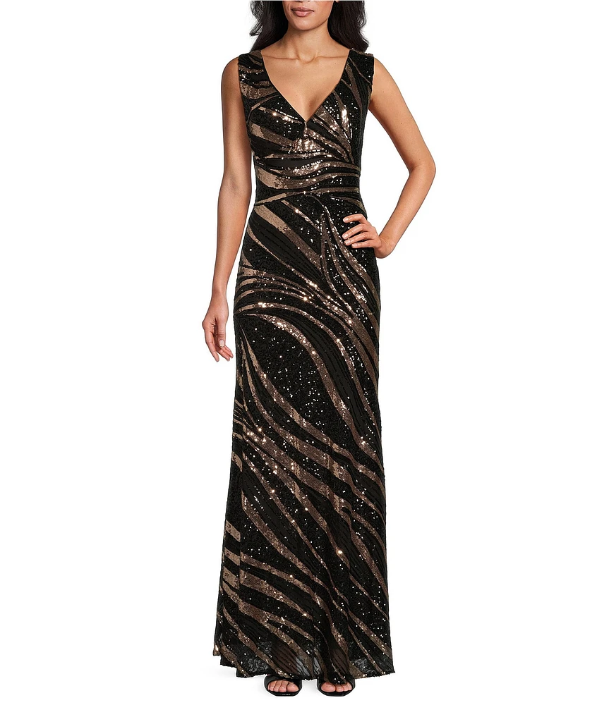 R & M Richards Sleeveless V-Neck Two Tone Sequin Gown