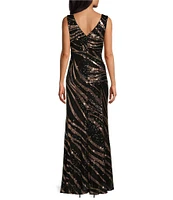 R & M Richards Sleeveless V-Neck Two Tone Sequin Gown