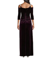 R & M Richards Stretch Velvet Rhinestone Cold Shoulder Sweetheart Neck 3/4 Sleeve Gown