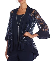 R & M Richards Swirl Sequin Scoop Neck 3/4 Sleeve Jacket 2-Piece Twinset