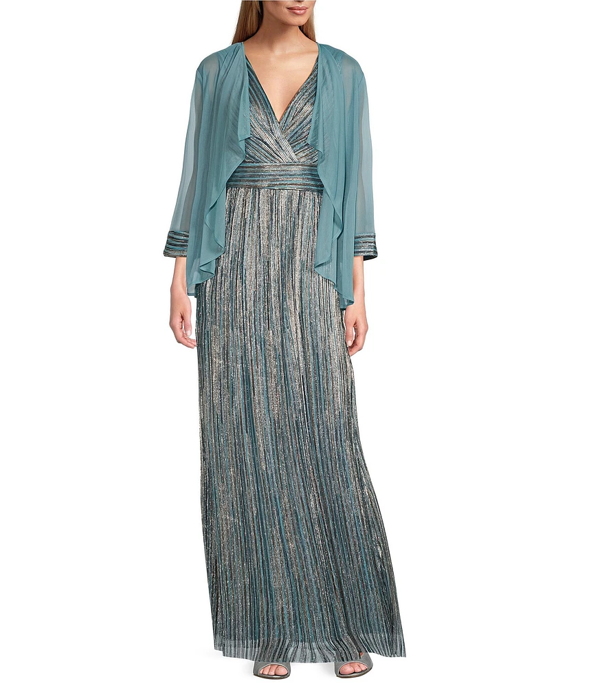 R & M Richards V Neck 3/4 Sleeve Drape Front Matte Jersey Chiffon/Foil Print 2-Piece Jacket Dress