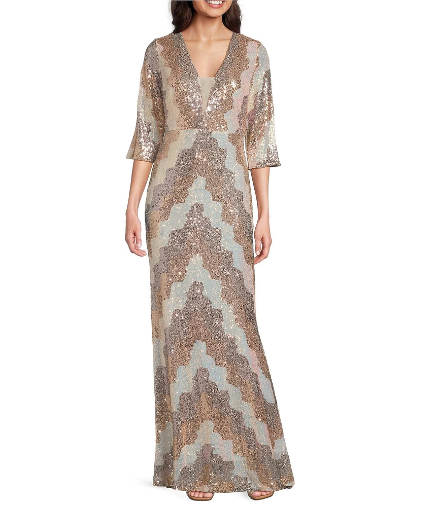 R & M Richards V-Neck Elbow Sleeve Tri Color Sequin A-line Gown