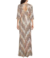 R & M Richards V-Neck Elbow Sleeve Tri Color Sequin A-line Gown