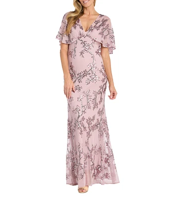 R & M Richards V Neck Flutter Sleeve Floral Embroidered Sequin Power Mesh A Line Gown