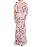 R & M Richards V Neck Flutter Sleeve Floral Embroidered Sequin Power Mesh A Line Gown