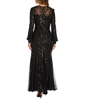 R & M Richards V-Neck Long Sleeve Embroidered Sequin Mesh Gown