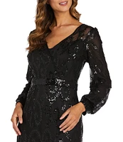 R & M Richards V-Neck Long Sleeve Embroidered Sequin Mesh Gown