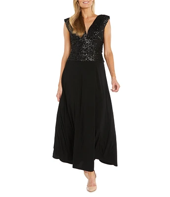 R & M Richards V Neck Sleeveless Beaded Bodice A Line Gown