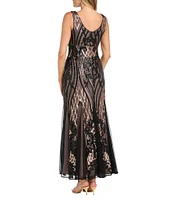 R & M Richards V Neck Sleeveless Godet Skirt 2 Tone Sequin Gown