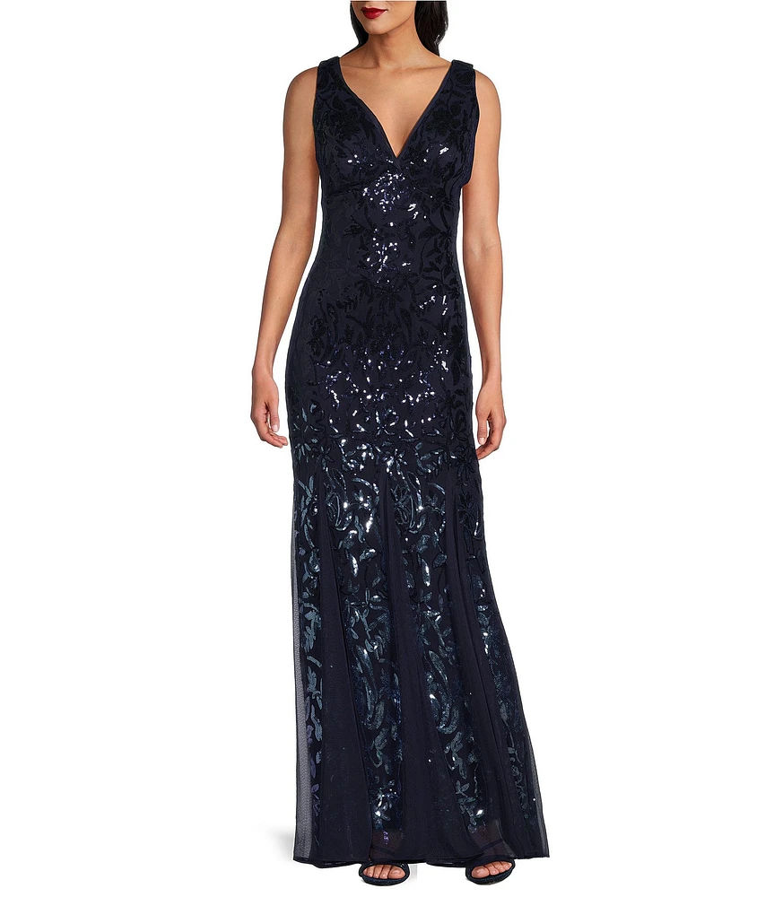 R & M Richards V-Neck Sleeveless Ombre Sequin Sheath Gown