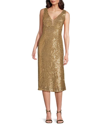 R & M Richards V-Neck Sleeveless Sequin Midi Sheath Dress