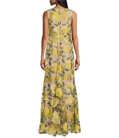 R & M Richards V-Neck Sleeveless Yellow Rose Embroidered Dress