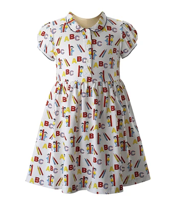 Rachel Riley Little Girls 2T-10 Collared Neck Short Sleeve Allover ABC Print Dress