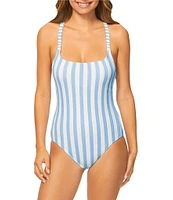 Raisins Cabana Beach Stripe Ribbed Texture Scoop Neck One Piece Swimsuit