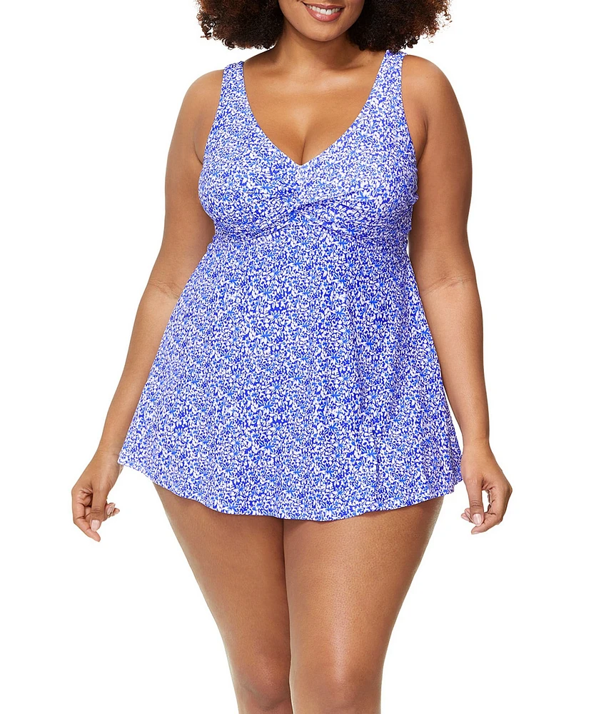 Raisins Curve Plus Size Amalfi Coast Lucia V-Neck Front Twist Swimdress One Piece Swimsuit