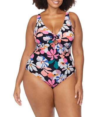 Raisins Curve Plus Size Sun's Out Floral V-Neck Tie Front Underwire One Piece Swimsuit