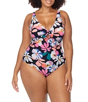 Raisins Curve Plus Size Sun's Out Floral V-Neck Tie Front Underwire One Piece Swimsuit