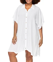 Raisins Curve Plus Size Vacay Point Collar Batwing Sleeve Button Front Swim Cover-Up
