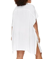 Raisins Curve Plus Size Vacay Point Collar Batwing Sleeve Button Front Swim Cover-Up