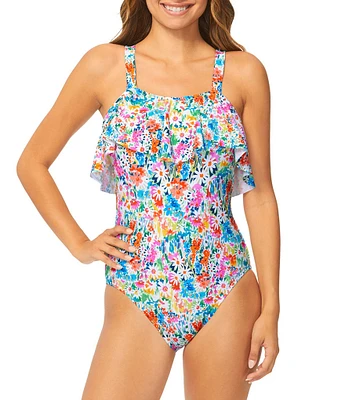 Raisins Saltwater Daisy La Playa Square Neck Ruffle One Piece Swimsuit