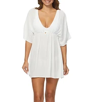 Raisins Solid Island Plunge V-Neck Underbust Shirring Swim Cover-Up Dress
