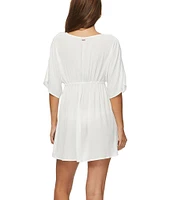 Raisins Solid Island Plunge V-Neck Underbust Shirring Swim Cover-Up Dress