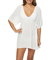 Raisins Solid Island Plunge V-Neck Underbust Shirring Swim Cover-Up Dress
